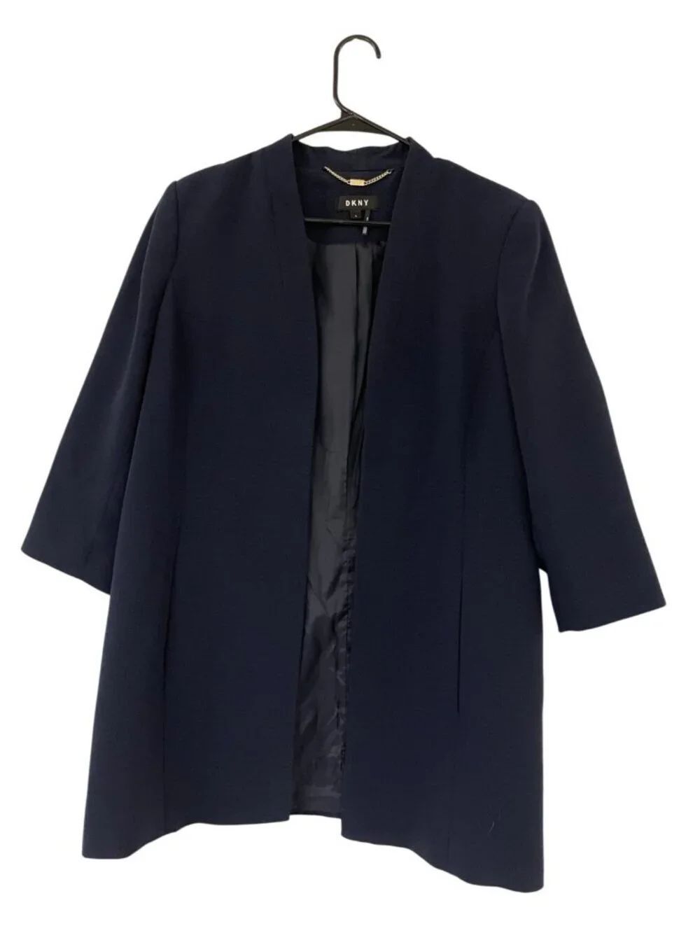 DKNY Womens Open Front Blazer Jacket Size L Navy Blue Textured 3/4 Sleeve